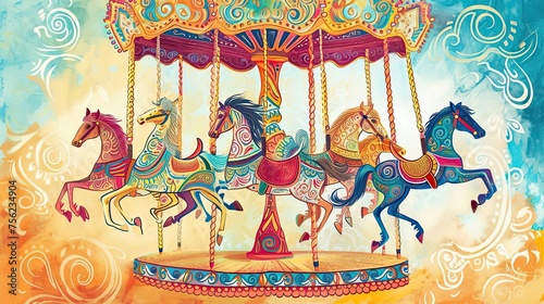 Carousel. Abstract, doodle, fair, cartoon, childhood, attraction, park, swing, horses, children, fun, joy, circle, laughter, swing, lollipop. Generated by AI