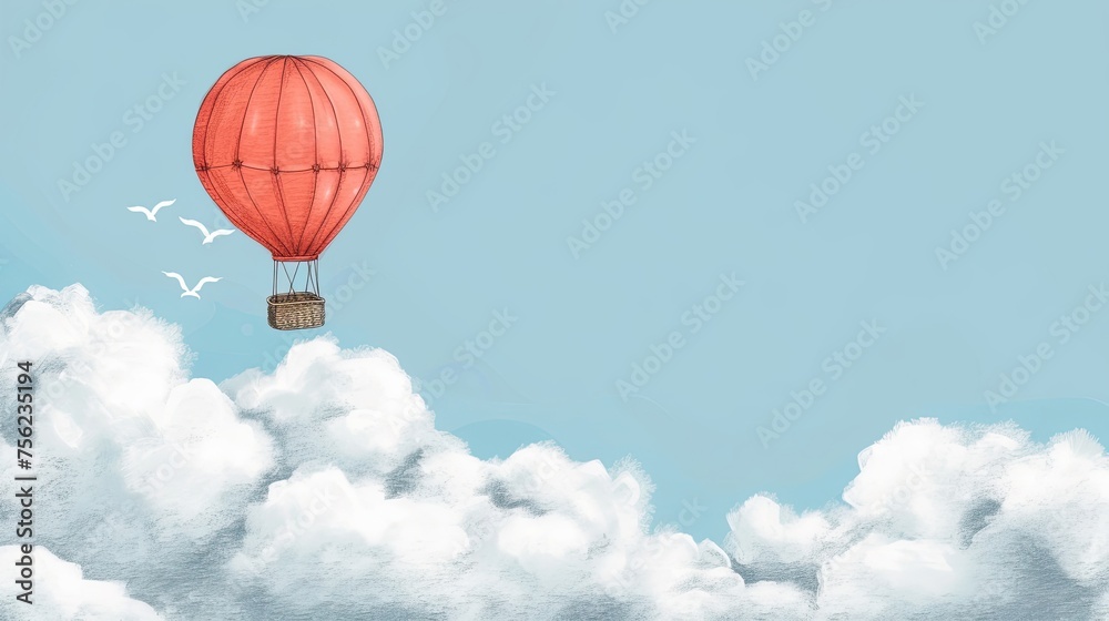 Fototapeta premium Balloon. Abstract, doodle, cloud, airship, around the world, travel, steampunk, flight, sky, air, holiday, height, gas, helium, children, fly, balloon. Generated by AI