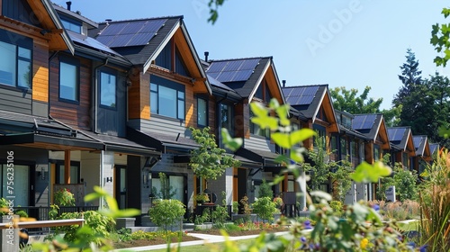 A close-up view of a row of contemporary craftsman townhouses, featuring innovative design elements, such as green roofs, solar panels, and rainwater harvesting systems.
