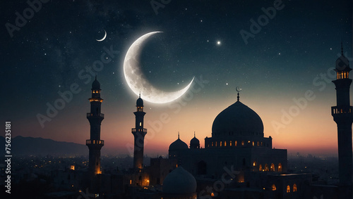 Ramadan Kareem background with Crescent moon, star and mosque
