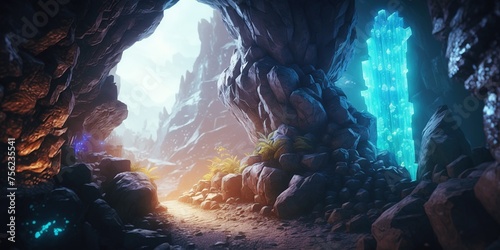 A magical cave with colored crystals and gems. A fairy tale mine, a fantasy dark landscape. AI generated.