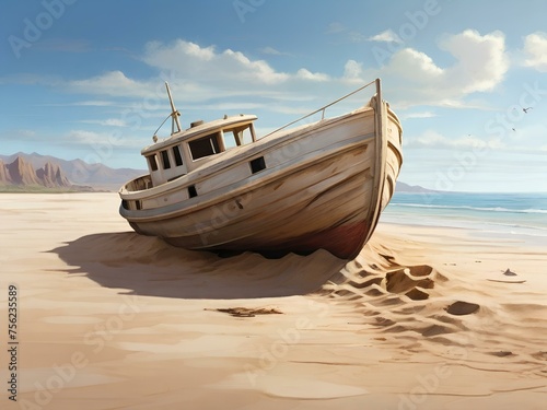 Boat Strucked in desert sand on the bank of the sea its the sunset time.