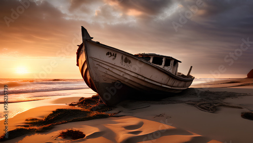 Boat Stroked in desert sand on the bank of the sea its the sunset time.