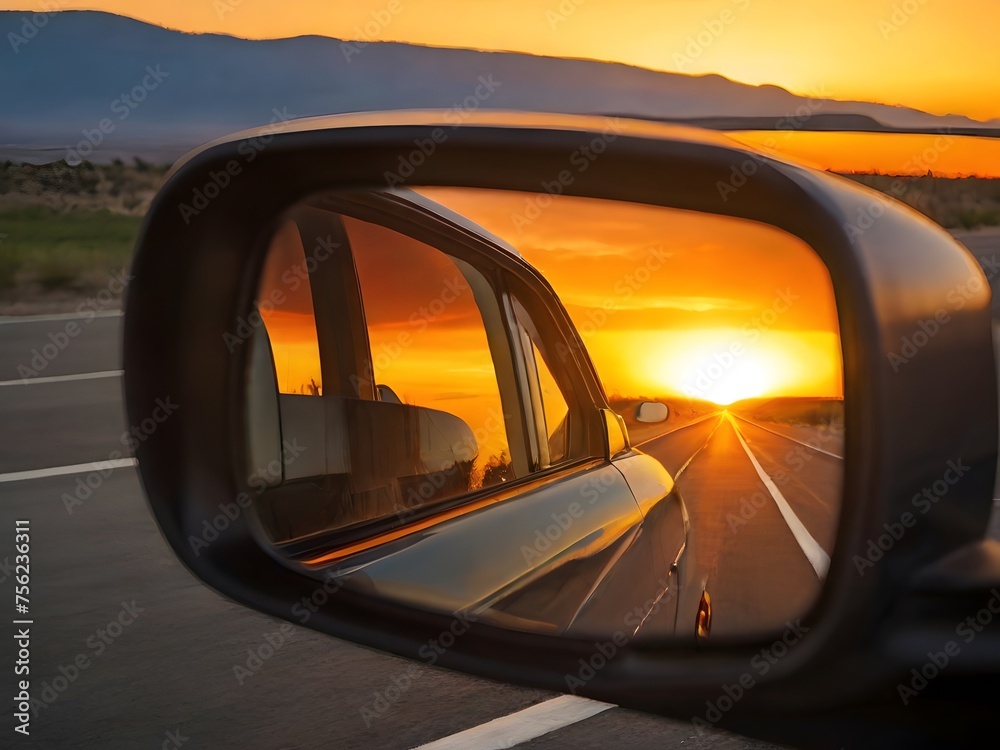Sunset colors fill the rearview mirror as you speed down a highway on a beautiful evening drive