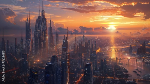 Futuristic urban skyline bathed in the glow of a setting sun with radiant city lights and sprawling architecture.
