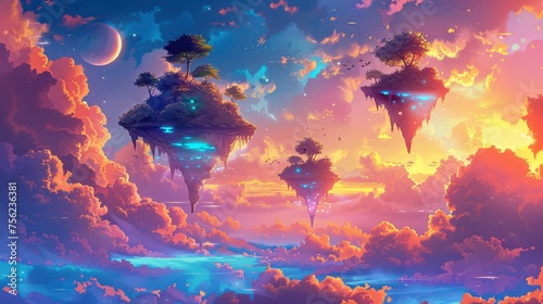 Fantasy Island A Dreamy, Colorful World of Clouds and Trees Generative AI