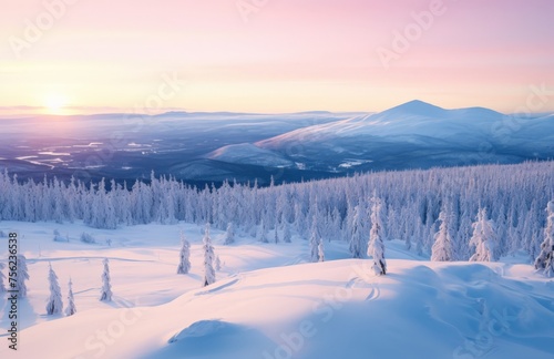 Ariel view of snow covered mountains in a valley
 photo