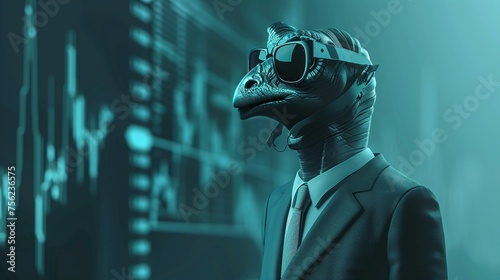 A cyclops in a tailored suit embodying the unpredictability of the stock market photo