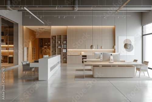A minimalist-style office interior, featuring minimalist workstations