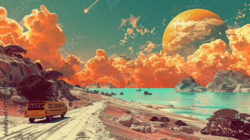 A vintage van travels along the shore of an alien beach, with a huge planet rising above the horizon and a sky filled with clouds and meteor trails. photo