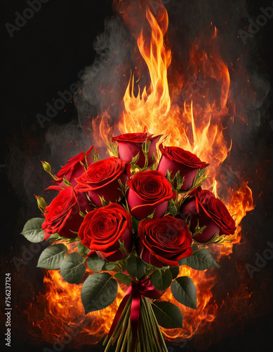 bouquet of red roses on fire