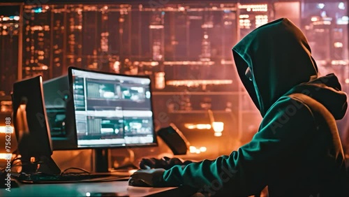 Unrecognizable hooded scammer steals data from office computers at night. Hacker hacks access to classified materials. photo