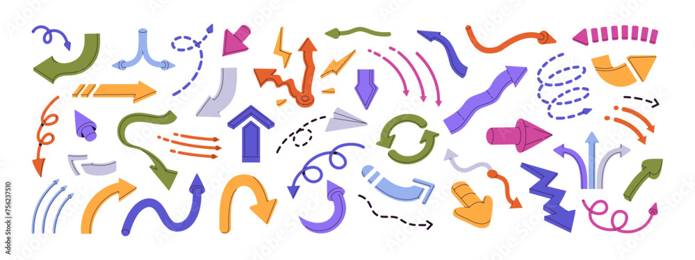 Colorful arrows set. Pointers symbols in different styles: dot line, twisted, cursor. Geometric shapes for pointing direction. Signs of exchange, up, down. Flat isolated vector illustration on white