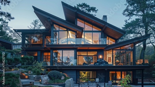 A craftsman house with a unique asymmetrical roofline and large glass walls, embracing contemporary style in a traditional setting. photo