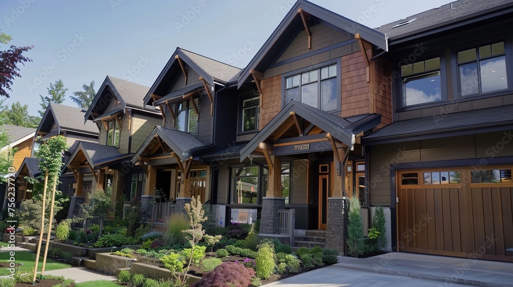 A detailed shot of a craftsman-style townhome exterior, highlighting its blend of classic elegance and contemporary flair, with features such as custom woodwork, sleek metal accents.