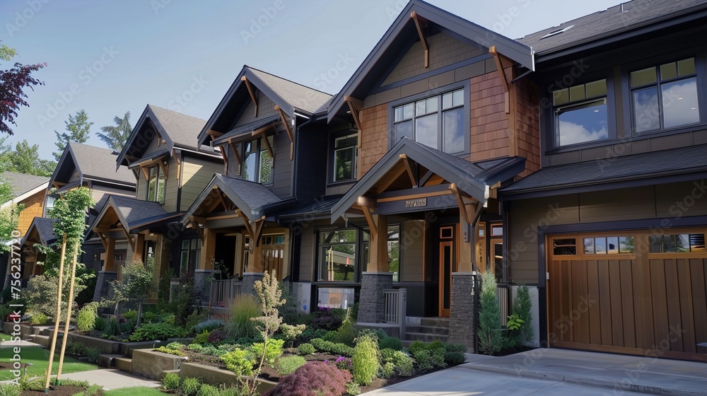A detailed shot of a craftsman-style townhome exterior, highlighting its blend of classic elegance and contemporary flair, with features such as custom woodwork, sleek metal accents. A detailed shot of a craftsman-style townhome exterior, highlighting its blend of classic elegance and contemporary flair, with features such as custom woodwork, sleek metal accents.