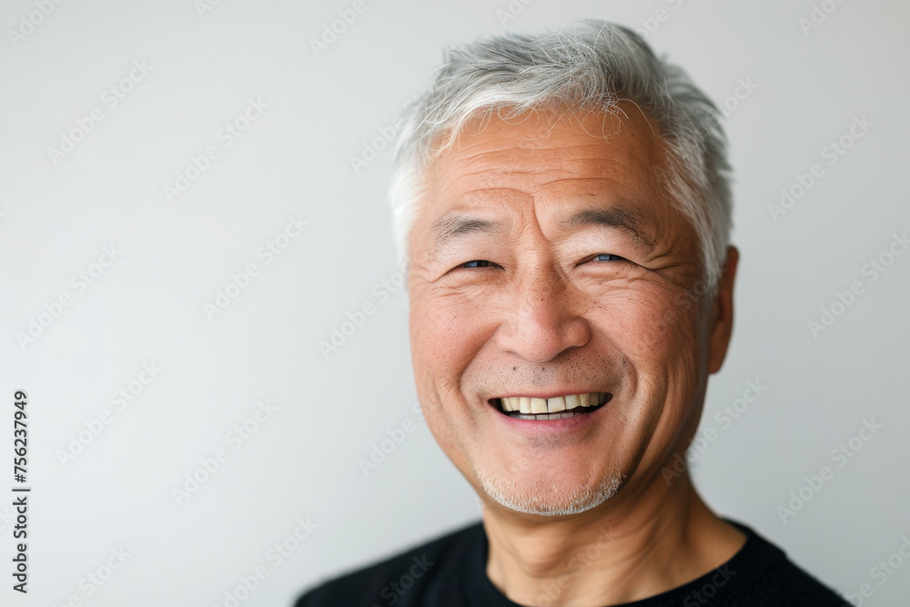 Portrait of old healthy, cheerful beautiful Asian woman smiling and looking at camera with white background. Happy aging society, retirement and senior healthcare concept
