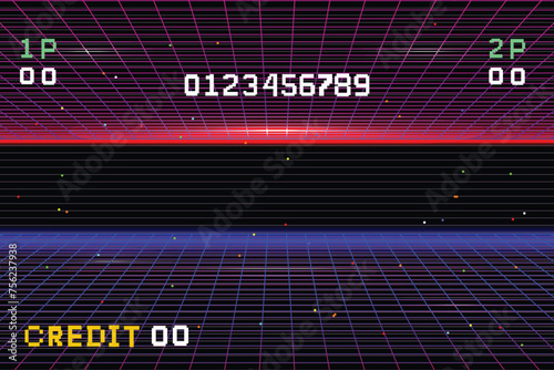pixel art .8 bit game. retro game.Retro Futurism Sci-Fi Background. glowing neon grid. and stars from vintage arcade computer games