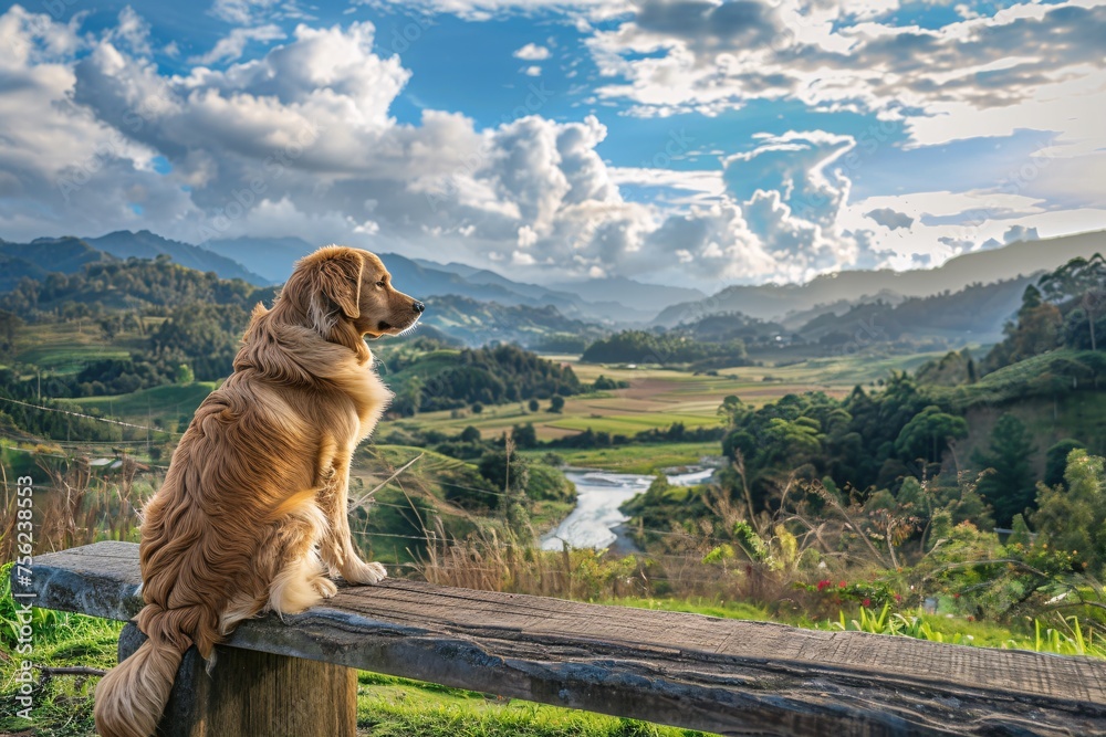 Golden Retriever Watching the Sunset Over the Mountains Generative AI