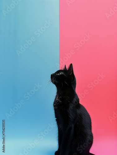 Black Cat Against Contrasting Pink and Blue Background