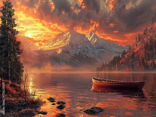 Sunset on the Lake A Serene Evening with a Glowing Red Boat Generative AI © Bipul Kumar