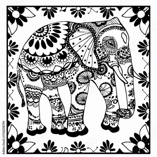 A black and white drawing of an elephant with flowers around it