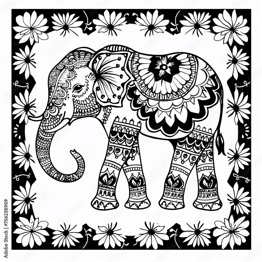 Fototapeta premium A black and white drawing of an elephant with flowers around it