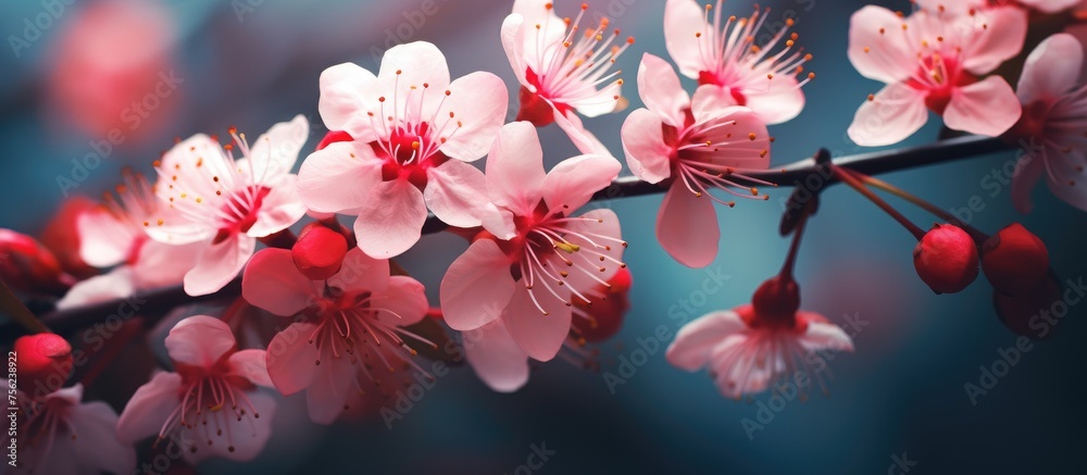 A closeup of a cherry blossom twig with pink flowers and red berries, showcasing the beauty of this flowering plant in shades of pink and magenta