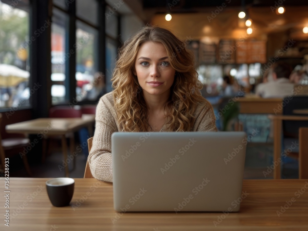 Beautiful woman working on laptop in a cozy coffee shop Beautiful woman working on laptop in a cozy coffee shop
