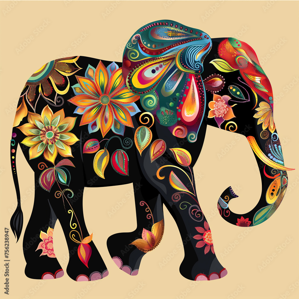 Obraz premium A colorful elephant with flowers on its body