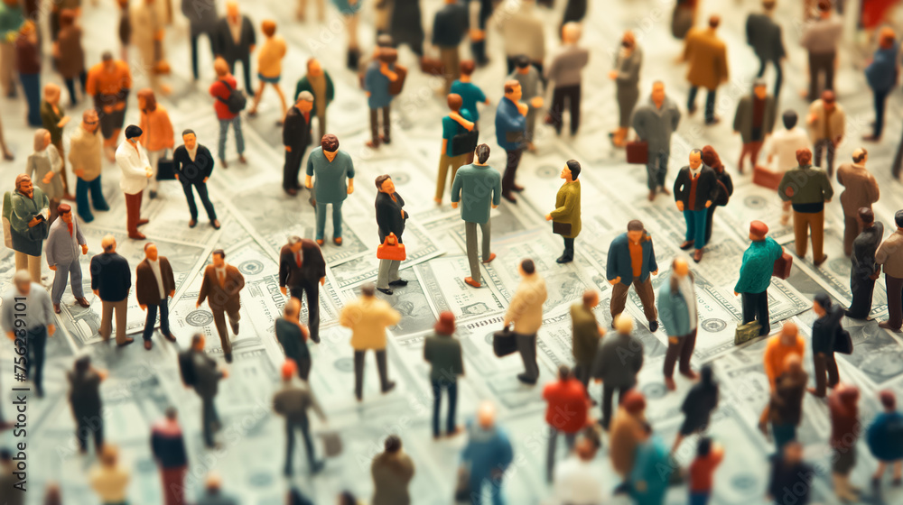 A group of people are standing on a pile of money A group of people are standing on a pile of money