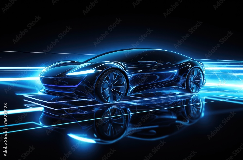 car is shown in the background with glowing lines and neon light effects, creating an atmosphere of futuristic technology.
