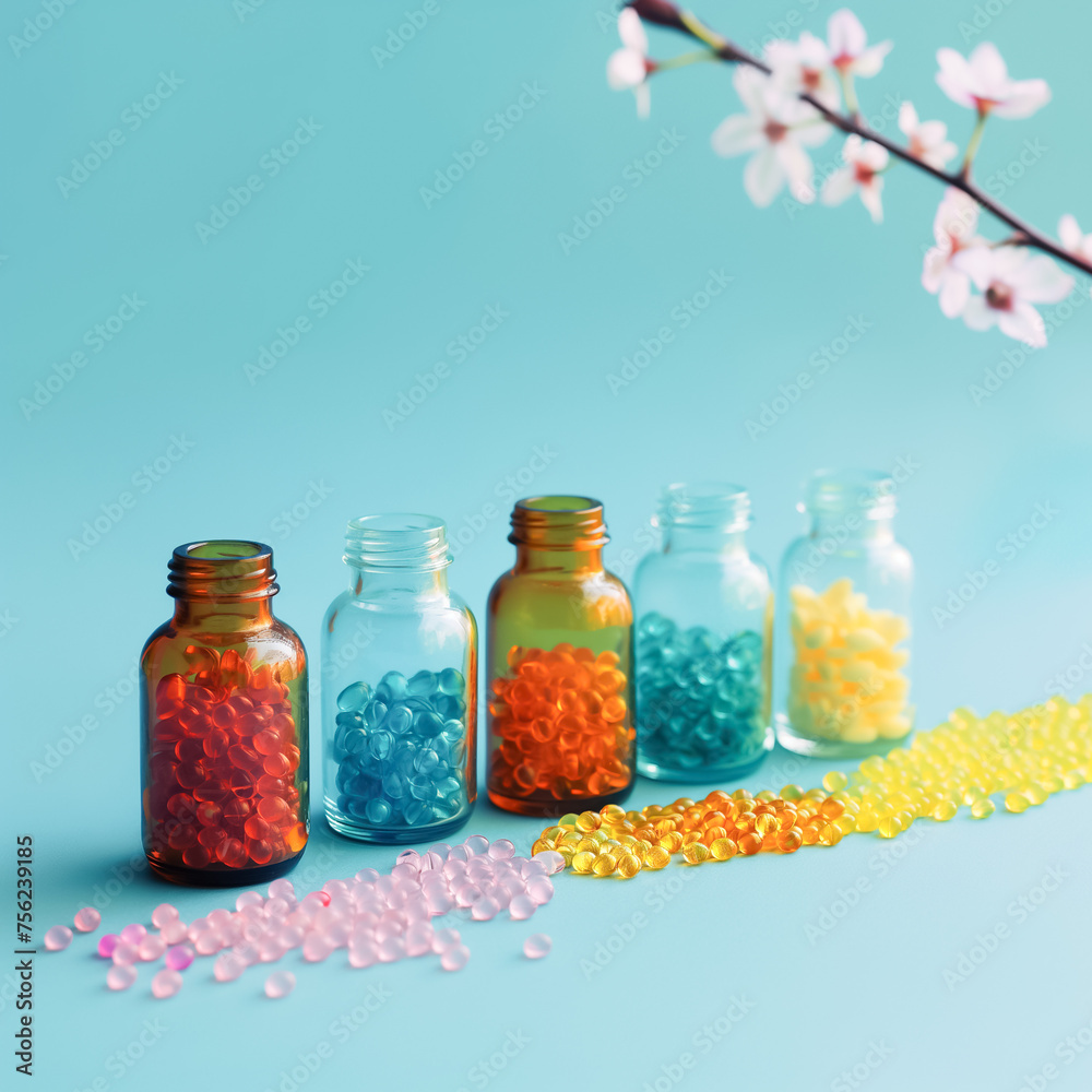 The pills bottles are of different colors and sizes The pills bottles are of different colors and sizes