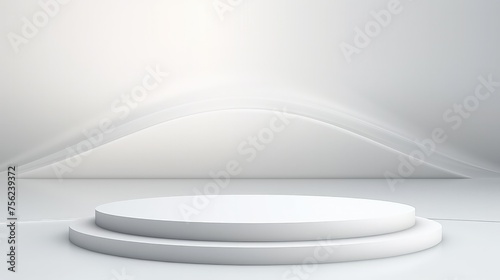 Abstract podium. Sci-fi white empty room concept with semi circle glowing neon lighting. Product display presentation. Futuristic wall scene..