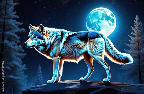 A wolf howls at the big yellow moon on a dark night in the forest