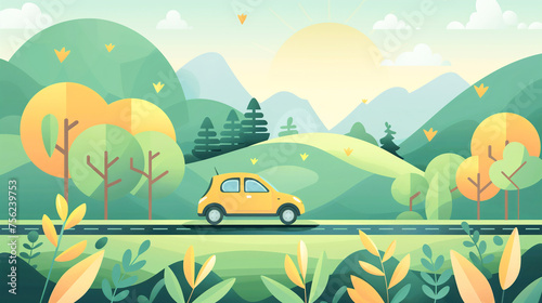 A yellow car is driving down a road in a lush green forest  concept of EV car and sustainability