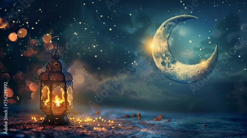 Vibrant illuminated islamic eid festival greeting with crescent moon and traditional lamp - cultural celebration concept photo