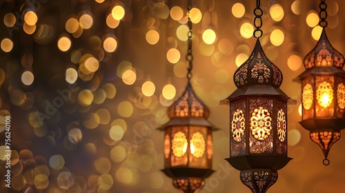 Beautiful ornamental arabic lantern illuminated against night sky with crescent moon - celebrating ramadan kareem - traditional islamic decoration
