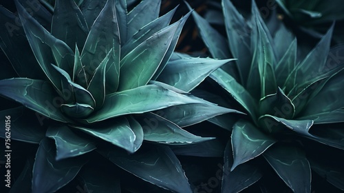 Close-up, Top view of the Leaves of agave attenuata, a growing cactus in low blue light in the dark, nature. Beautiful Background, Rainforest Texture, Tropics.