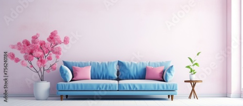 The living room features a blue couch with pink pillows against a pink wall  creating a vibrant and cozy interior design with a touch of purple and azure hues