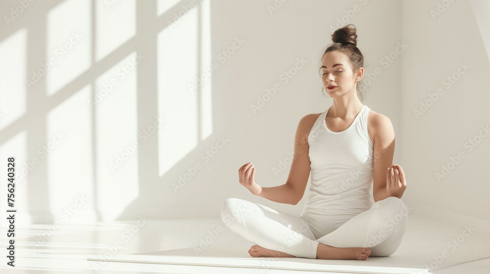 A woman is sitting cross legged in a white tank top and white pants A woman is sitting cross legged in a white tank top and white pants