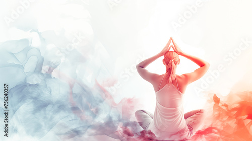 A woman is sitting in a lotus position with her hands on her head
