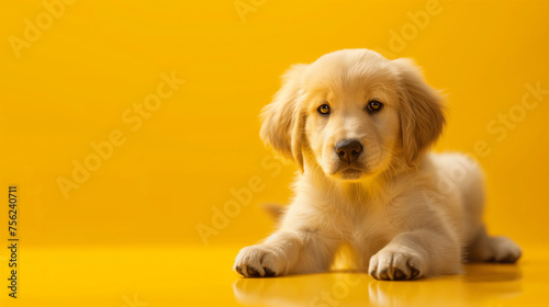 A small golden retriever puppy is laying on a yellow surface
