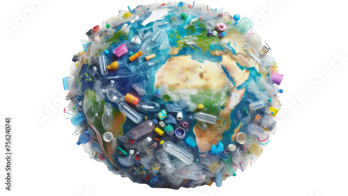 Artistic illustration of planet earth covered with plastic and waste. Transparent background. Isolated object. PNG file. Concept of pollution, plastic, waste, environment, destruction, climate change. photo
