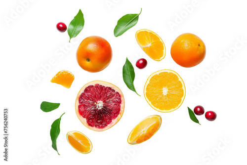 Top view group of exotic fruits with slice and green leaves isolated on background, assorted mix fruits with freshness and healthy, high vitamin and minerals.