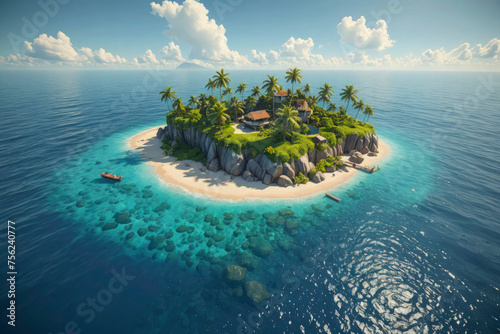 A small island with a house on it is surrounded by water photo