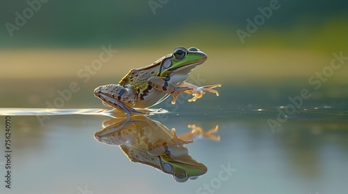 In a tranquil pond under the soft light of the setting sun, a mesmerizing frog gracefully jumps, its reflection mirrored perfectly in the still water below.