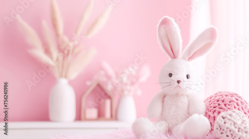 A white stuffed rabbit is sitting on a pink rug in front of a pink wall