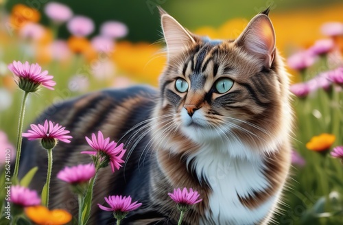 cat in field of flowers, realistic, vivid colors