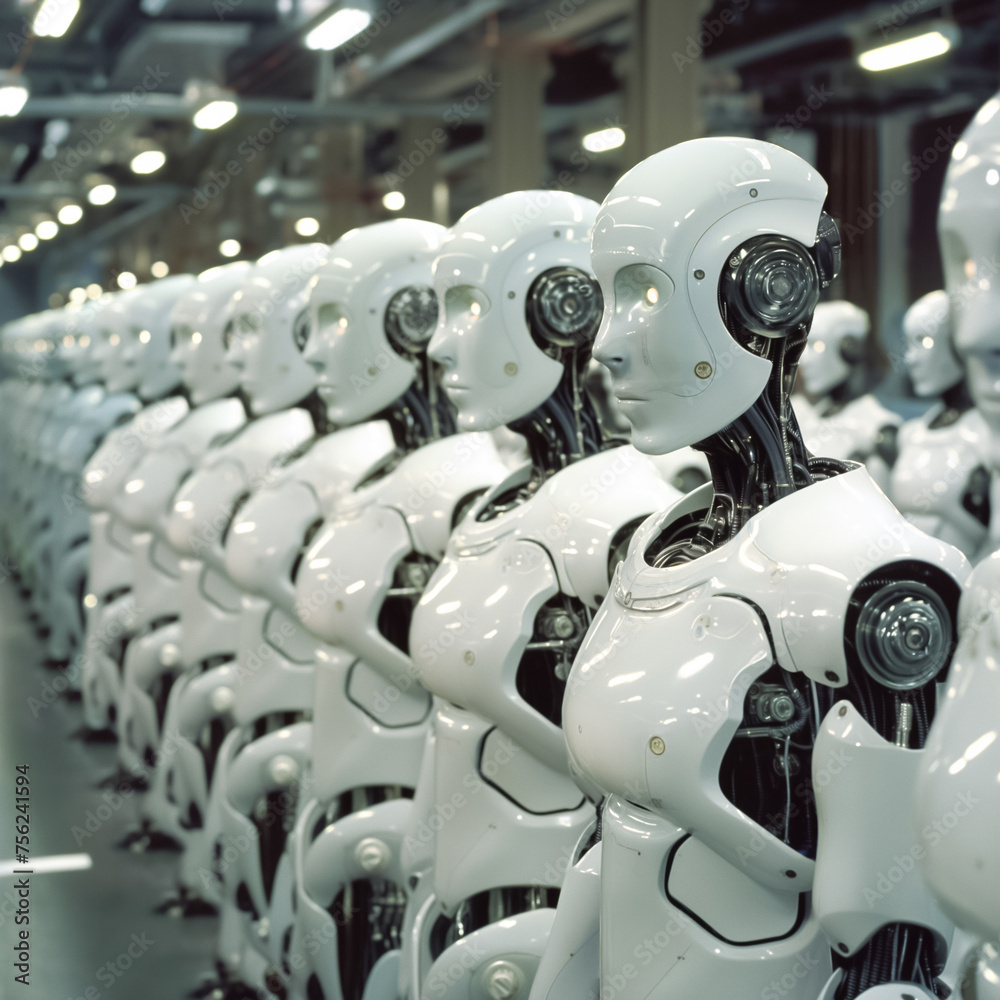 A row of white robots stand in a factory A row of white robots stand in a factory